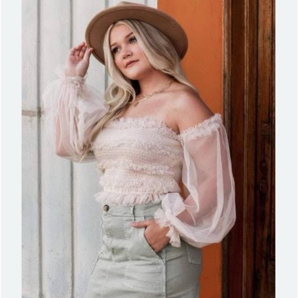 Mable Off-Shoulder Blouse with Off the Shoulder Sheer Sleeves